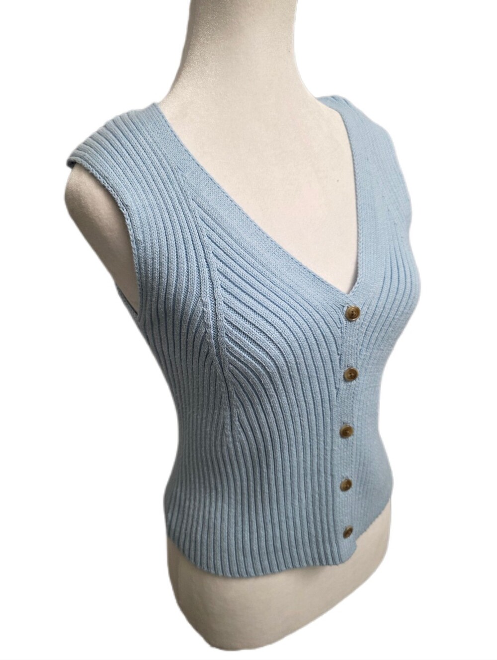 Jessica Simpson Light Blue Ribbed Knit Button-Front Vest - Picture 4 of 9